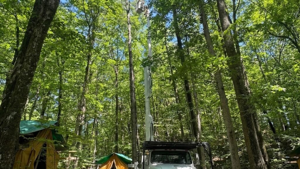Bucket truck with extended boom reaching a tall tree in a wooded campsite with canvas tents nearby