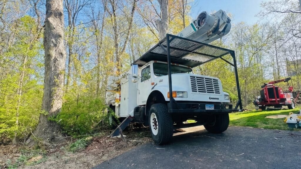 White bucket truck parked on a sloped residential driveway next to wooded trees with equipment visible in the background