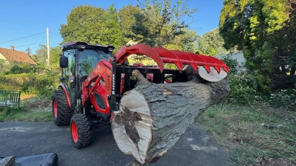 Red compact loader holding a large cut tree trunk section with a grapple attachment on a paved surface