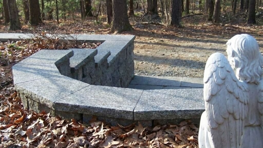 Curved granite retaining wall with tiered stone seating in wooded Connecticut yard