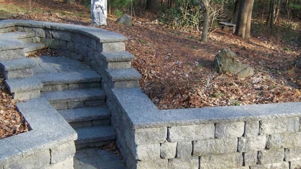Curved stone retaining wall with built-in outdoor steps in wooded yard