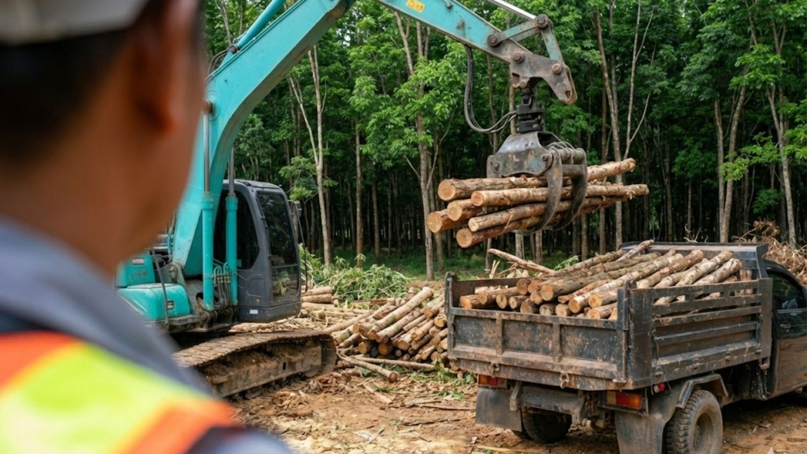Worker observing grapple loading cut logs into dump truck