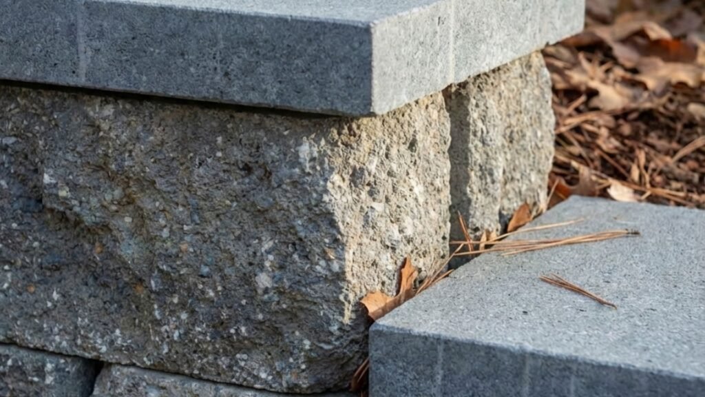 Close-up of granite retaining wall cap and step connection