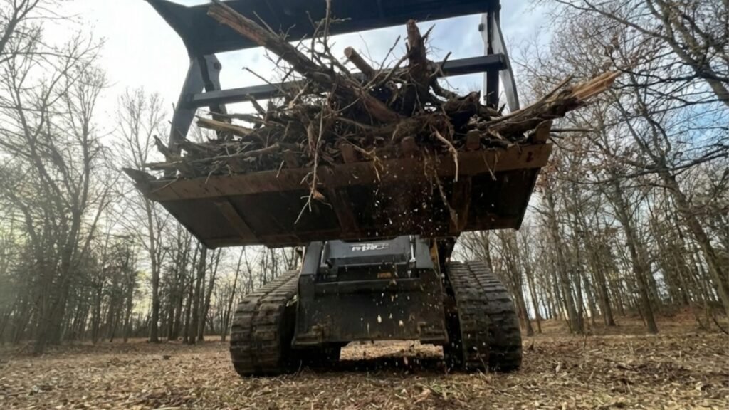 Front View of Skid Steer Lifting Brush and Wood Debris