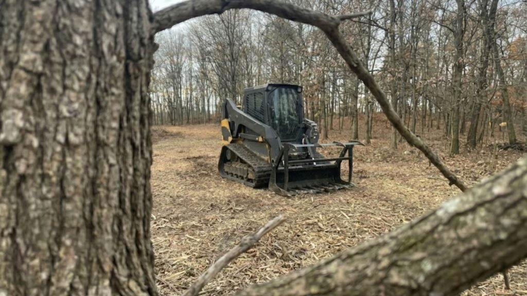Skid Steer Seen Through Tree Branches on Brush Cleared Land