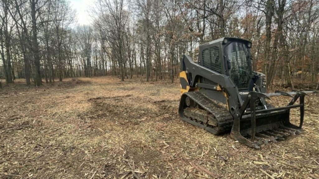 Tracked Skid Steer Resting on Newly Cleared Woodland Area
