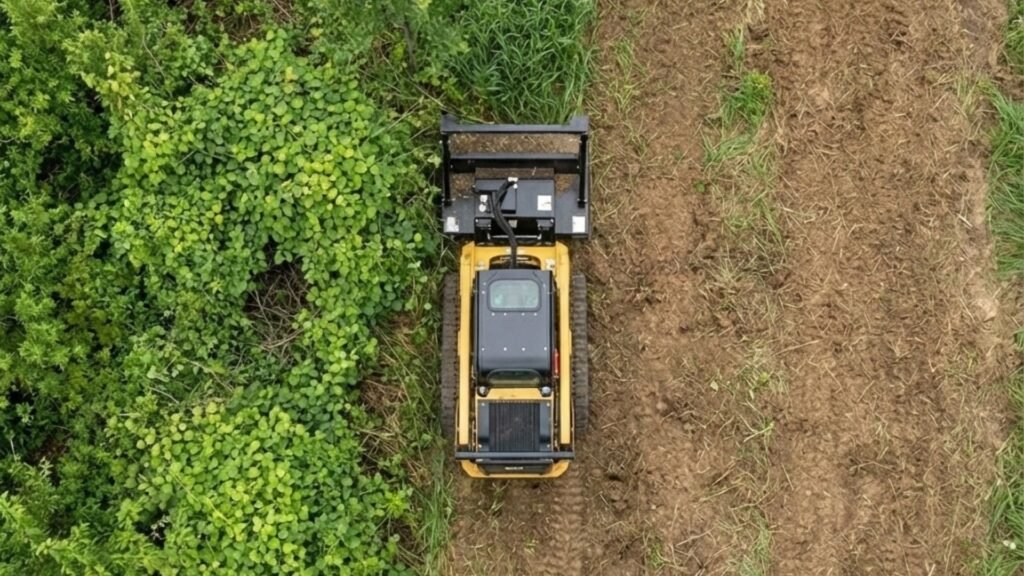 Aerial View of Skid Steer Clearing Overgrown Property Line
