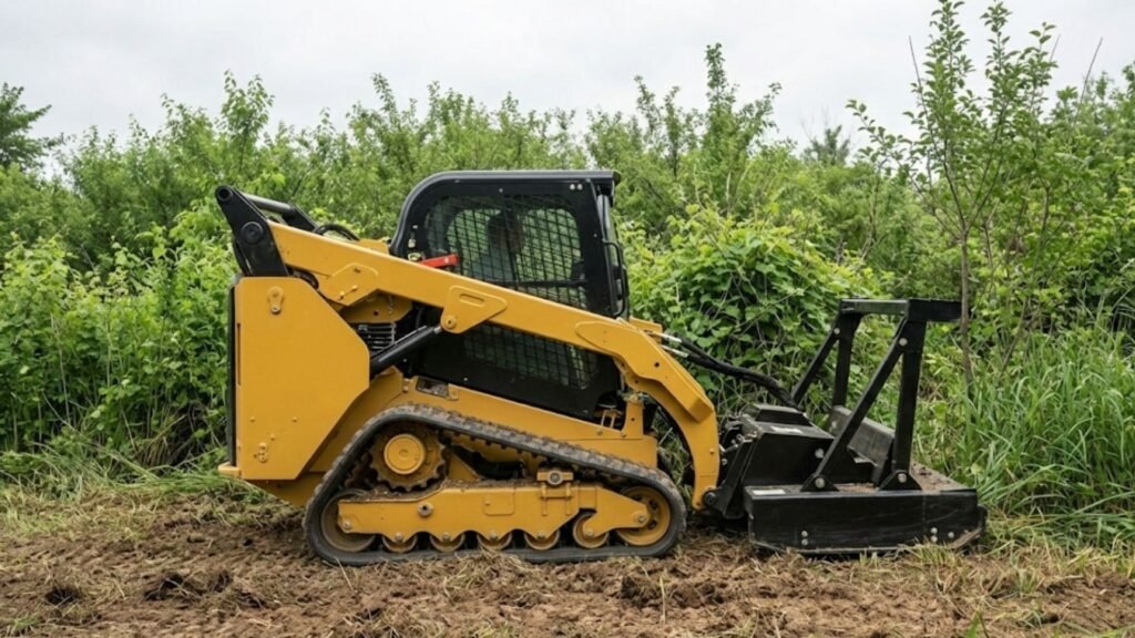 Compact Track Loader Removing Dense Overgrowth for Yard Expansion