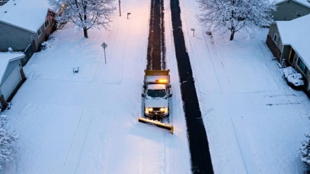 Snow Removal Truck Near Me Clearing Street From Above