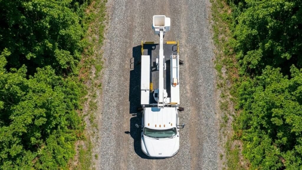 Top-Down Shot of Connecticut Tree Service Boom Truck on Gravel Road