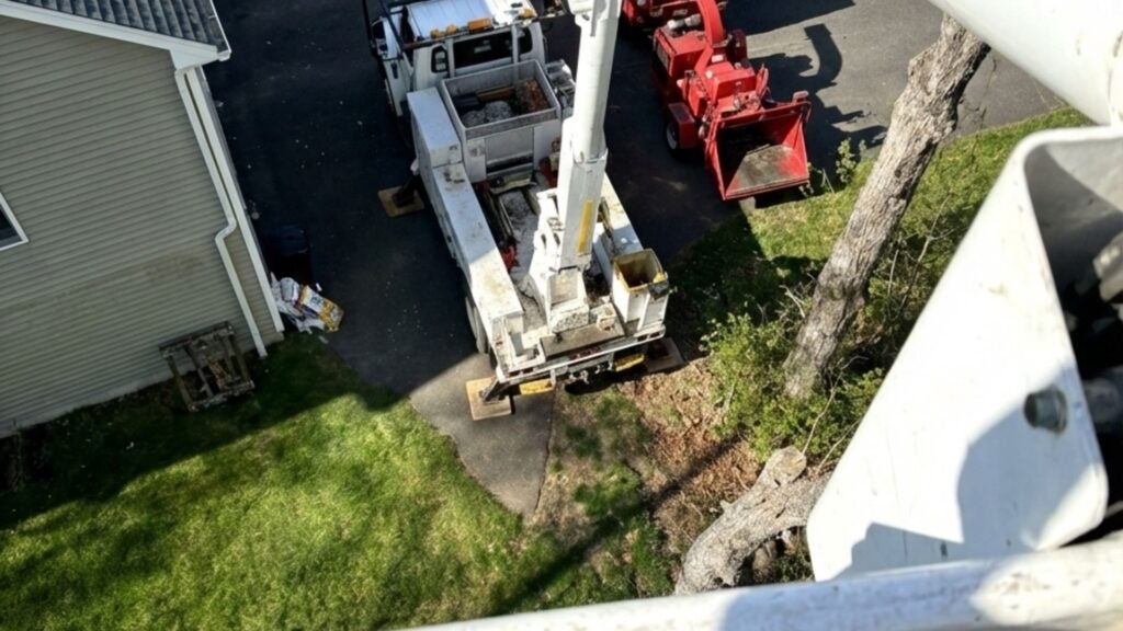 Looking down from bucket lift during tree removal project in Naugatuck Connecticut