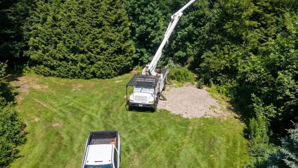 Drone View of Bucket Truck Tree Work Near You in Ansonia Connecticut