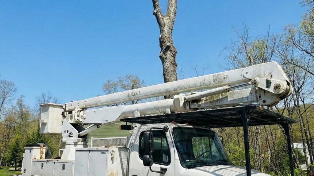 Bucket truck parked and ready for residential tree removal work in Shelton Connecticut
