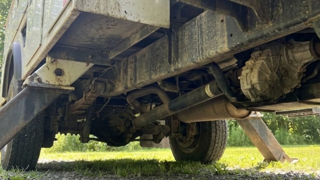 Tree removal service truck undercarriage and stabilizer setup on a residential gravel surface in Southbury Connecticut