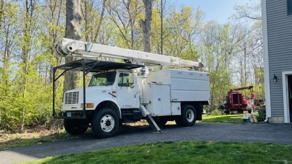 Bucket truck and support equipment staged near a residential lawn for tree removal in Roxbury Connecticut