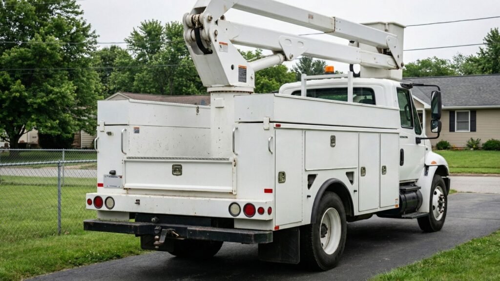 Bucket truck parked on a residential driveway during tree removal work in Woodbridge Connecticut
