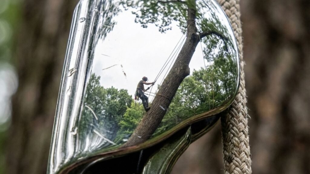 Alt Title
Professional Connecticut Tree Climber Reflected in Rigging Hardware