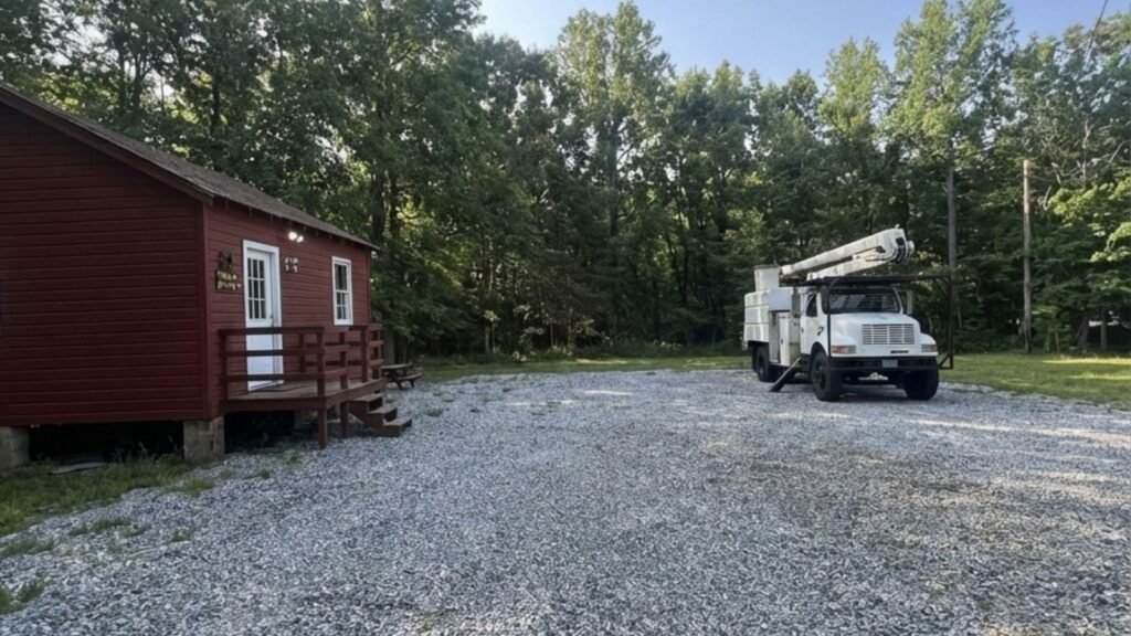 Wide residential lot with a bucket truck staged near a wooded property in Prospect Connecticut