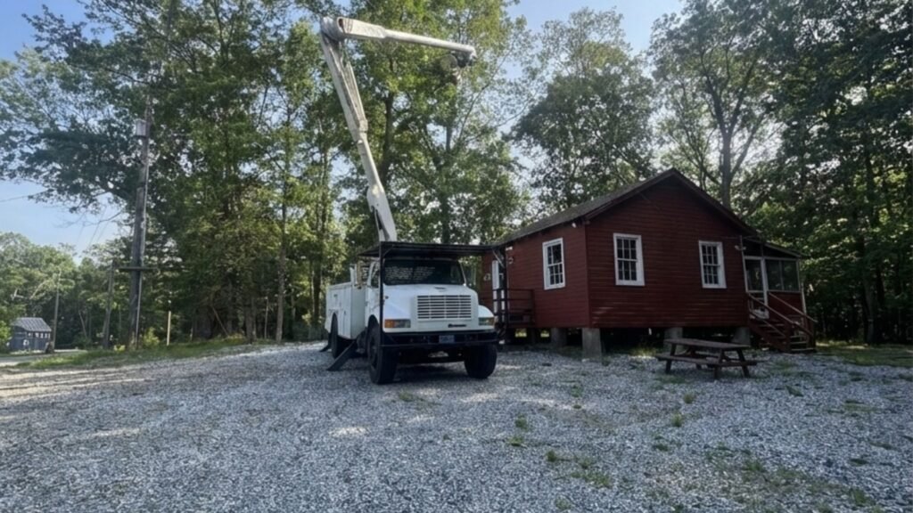 Wide view of a bucket truck set up on a gravel residential lot beside a small cabin in Prospect Connecticut