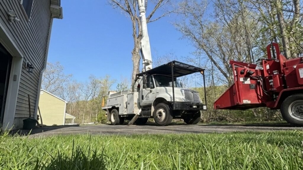 Low angle view of tree removal equipment and bucket truck in Naugatuck Connecticut