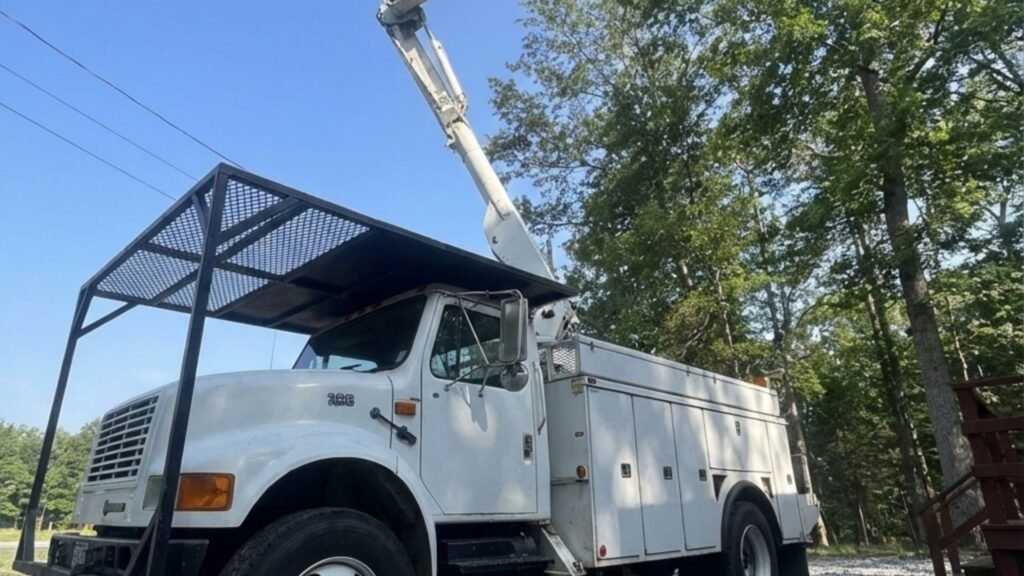 Bucket truck with extended boom positioned on a residential gravel lot in Seymour Connecticut
