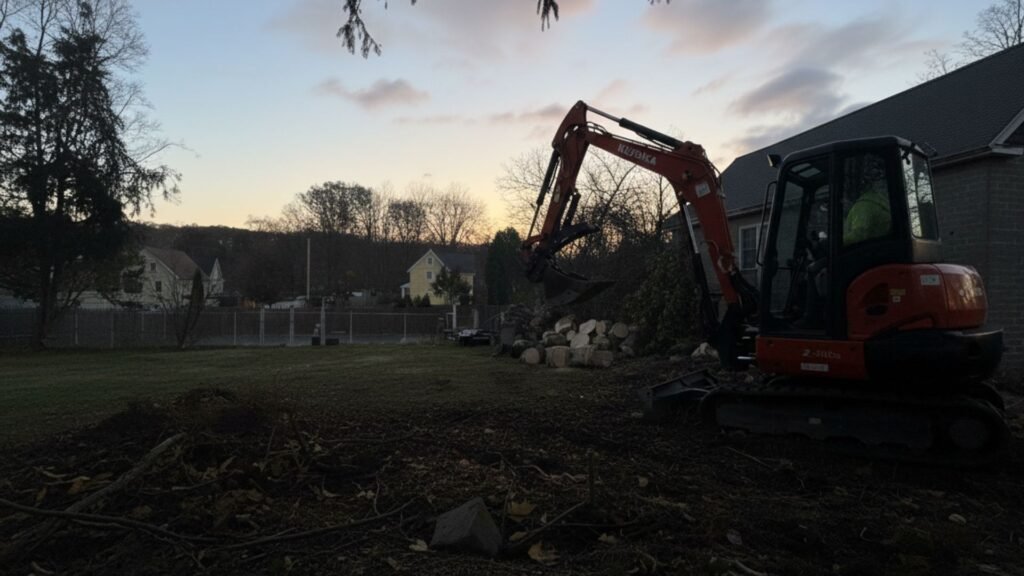 Excavator staged near stacked logs during residential tree removal work in Shelton Connecticut