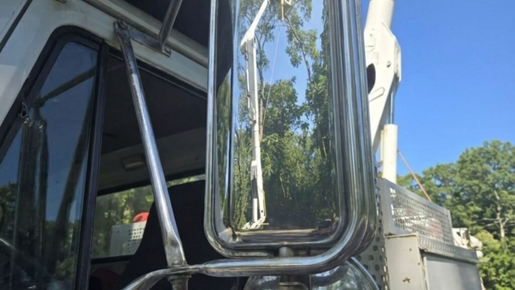 Reflection of Lift Arm and Tree Work in Truck Mirror Monroe Connecticut