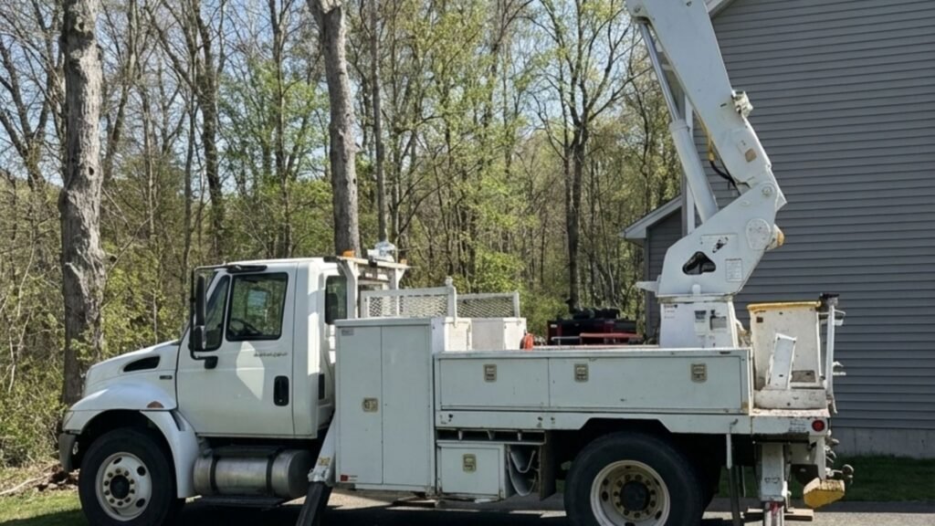 Tree removal bucket truck set up beside home in Naugatuck Connecticut