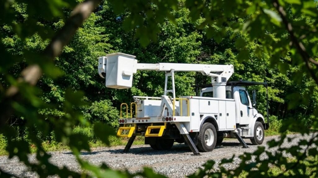 Tree Service Boom Truck Through Forest Foliage in Cheshire Nearby