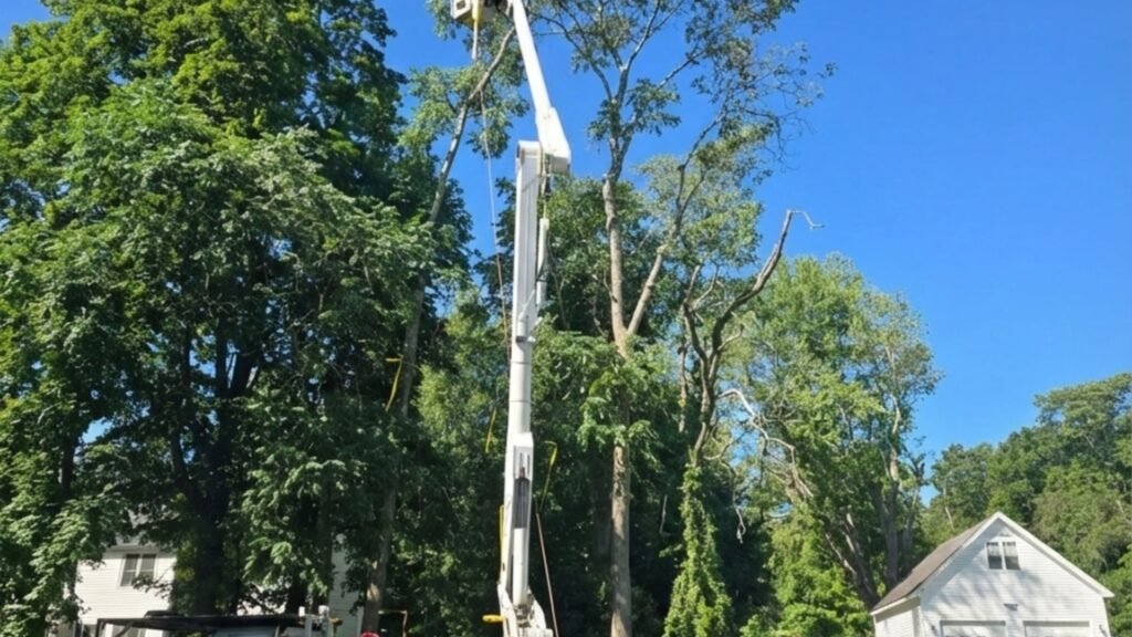 Tree Removal Crew Using Bucket Truck for High Reach in Monroe Connecticut
