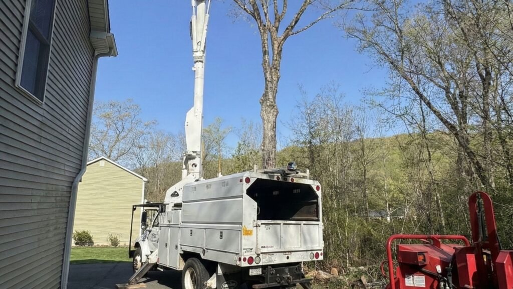 Naugatuck Connecticut tree removal crew using bucket truck beside home