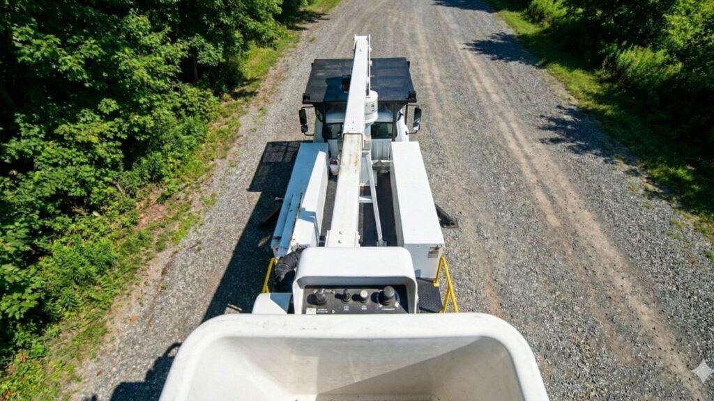 Top-Down View of Connecticut Tree Service Boom Truck on Gravel Road