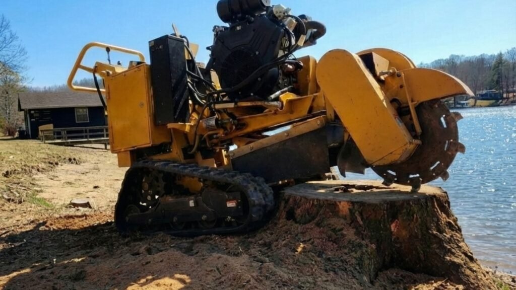 Tracked Stump Grinder Working on Lakefront Stump in CT