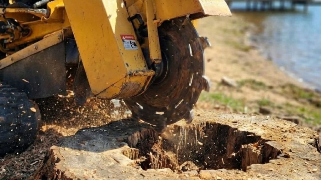 Stump Grinder Cutting Tree Stump Near Lake in CT