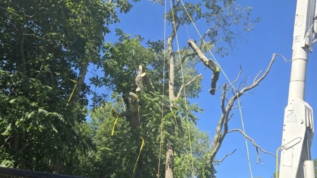Bucket Truck Hoisting Cut Tree Sections During Monroe Connecticut Tree Service
