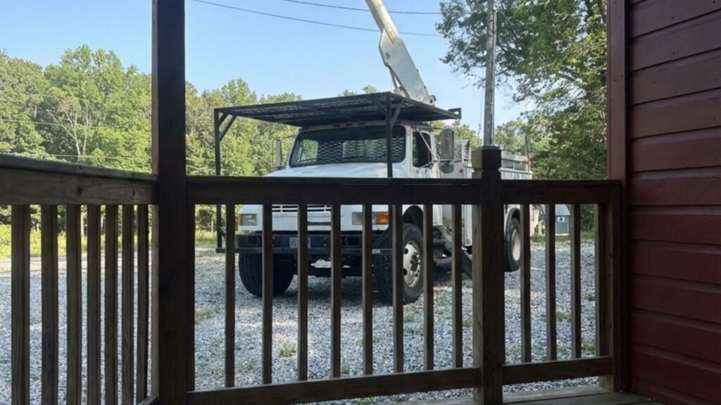 View from a wooden porch overlooking a bucket truck with raised boom on a gravel residential lot in Prospect Connecticut