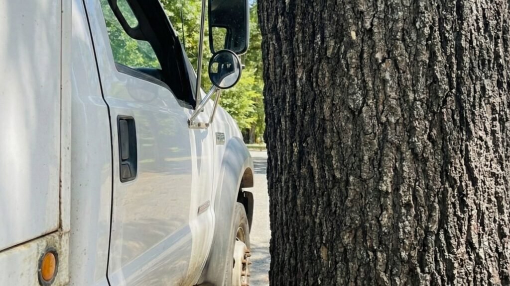 Large tree trunk positioned close to a bucket truck during residential tree removal in Shelton Connecticut