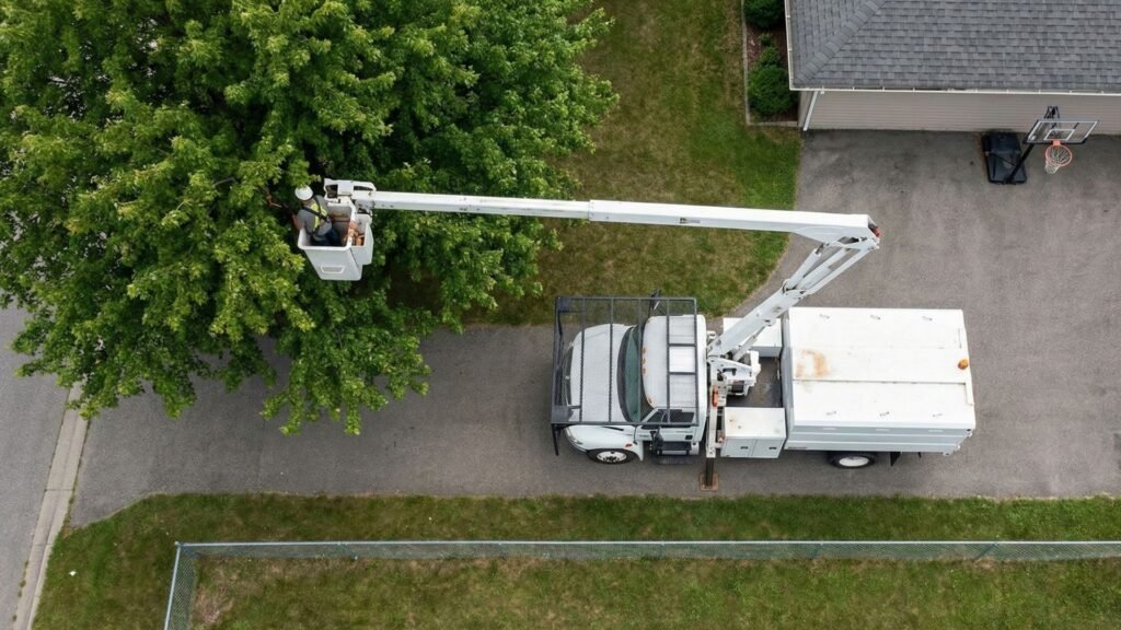 Overhead view of bucket truck accessing a residential tree for removal in Woodbridge Connecticut