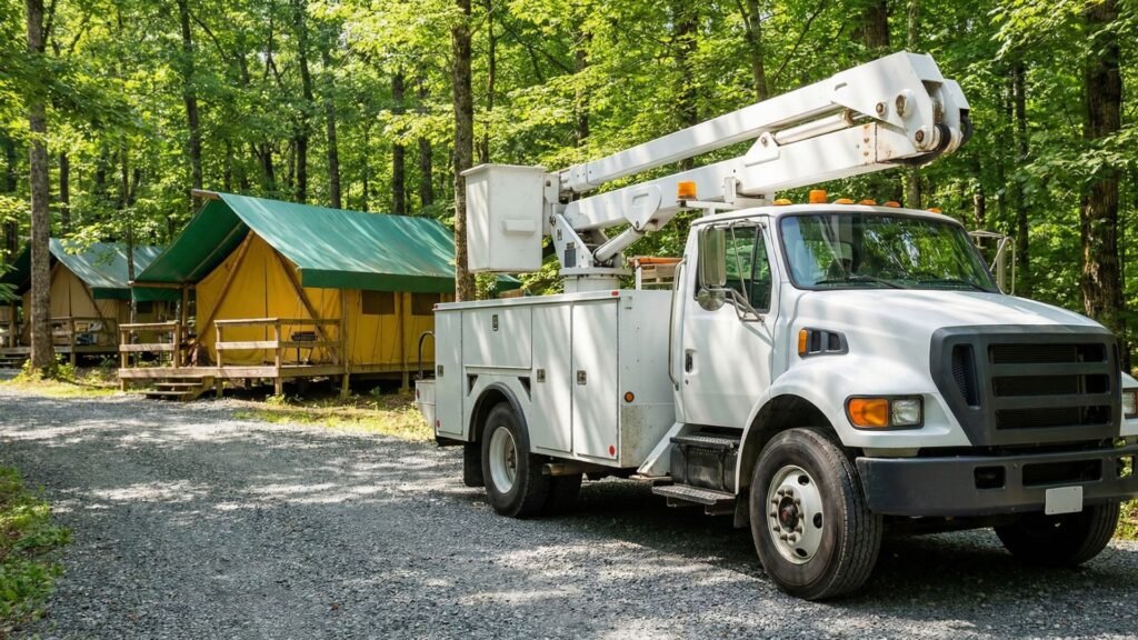 Tree removal service truck parked on a wooded residential access road in Woodbury Connecticut