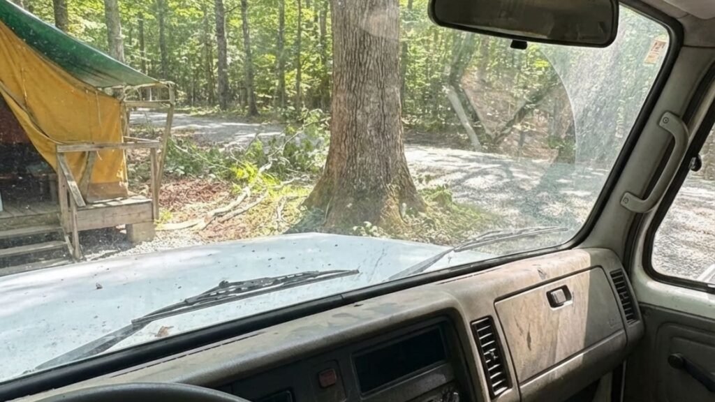 Interior view from tree removal truck cab parked at a wooded residential property in Woodbury Connecticut