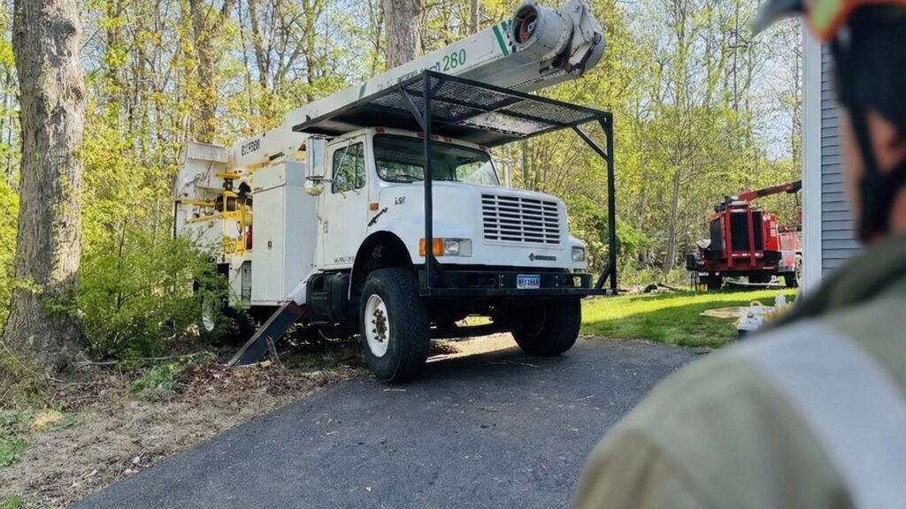 Tree removal crew member observing a bucket truck setup on a residential driveway in Roxbury Connecticut