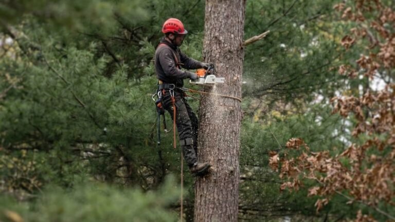 Professional Tree Cutter Using Chainsaw on Tall Pine Tree Near Me in Middlebury Connecticut