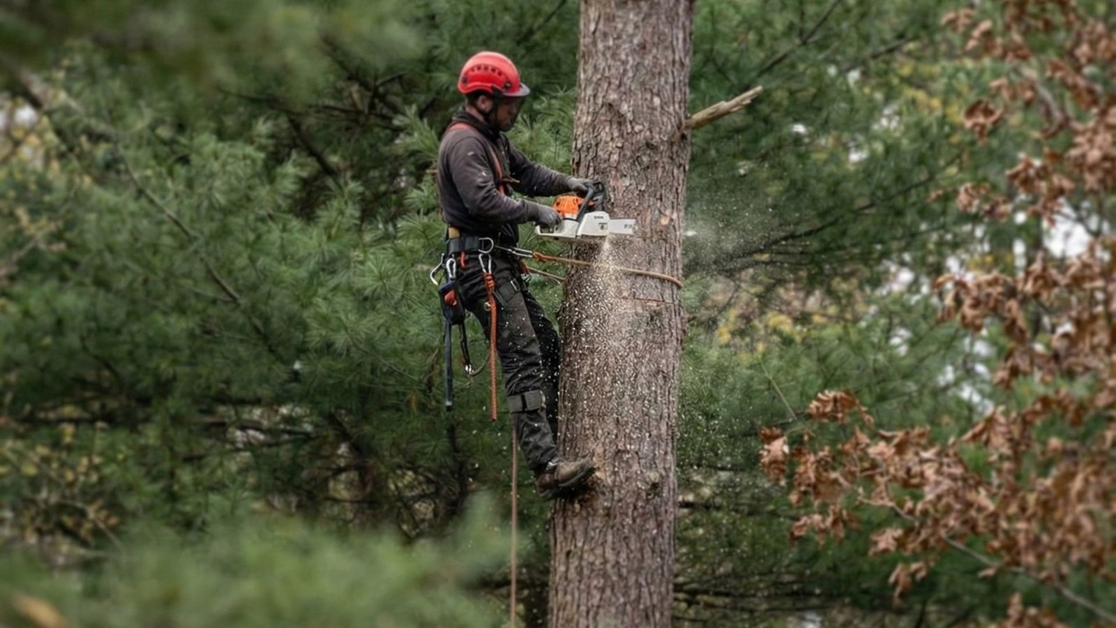 Professional Tree Cutter Using Chainsaw on Tall Pine Tree Near Me in Middlebury Connecticut