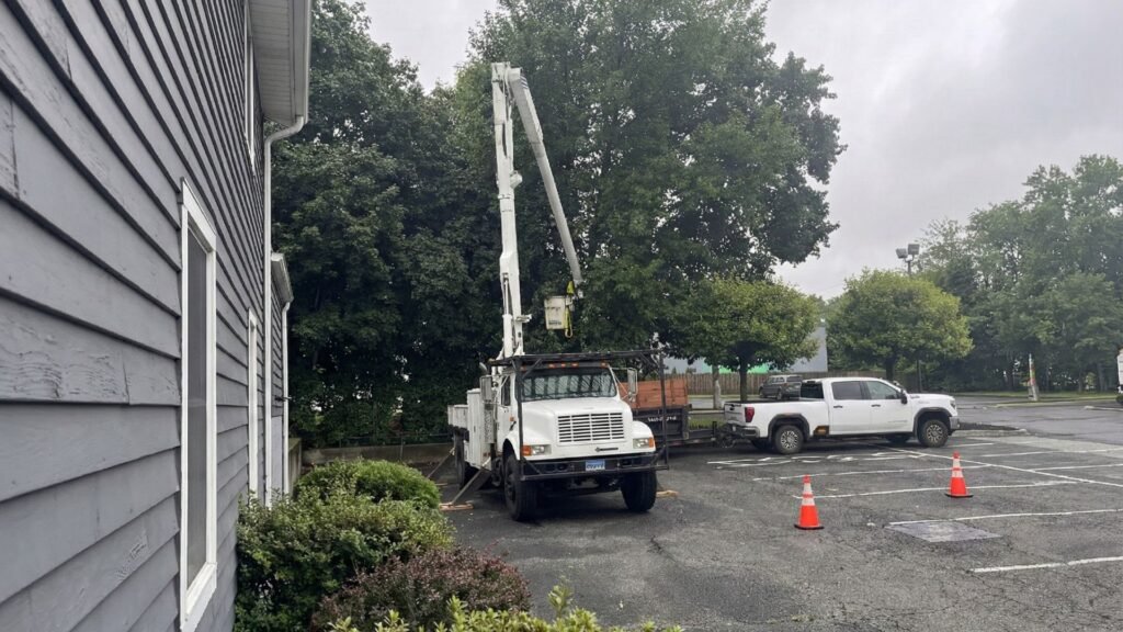 Bucket Truck Positioned Beside Building for Connecticut Tree Removal Work