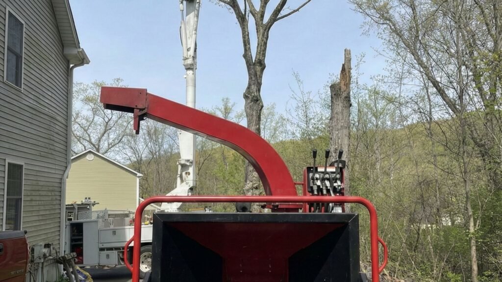 Wood Chipper and Bucket Truck Positioned for Tree Removal in Connecticut