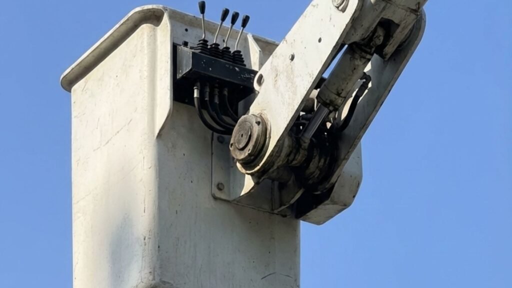 Close-up view of a bucket lift platform and control levers on a tree removal truck in Prospect Connecticut