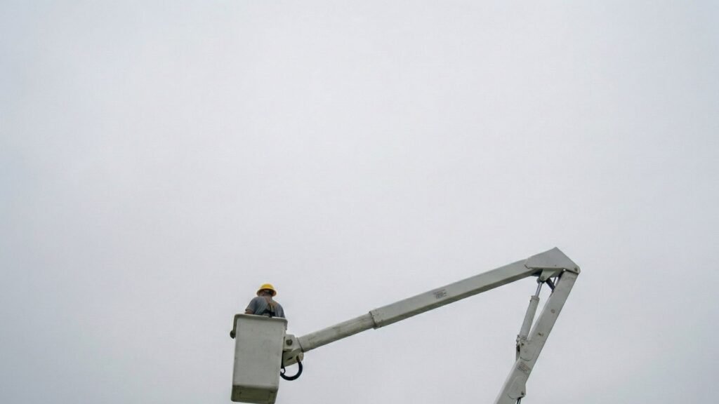 Bucket truck operator elevated above residential yard during tree removal work in Woodbridge Connecticut