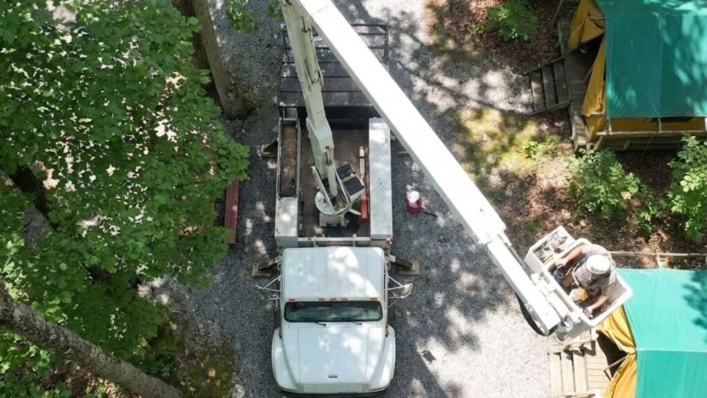 Aerial view of bucket truck positioned on gravel drive during residential tree removal in Woodbury Connecticut
