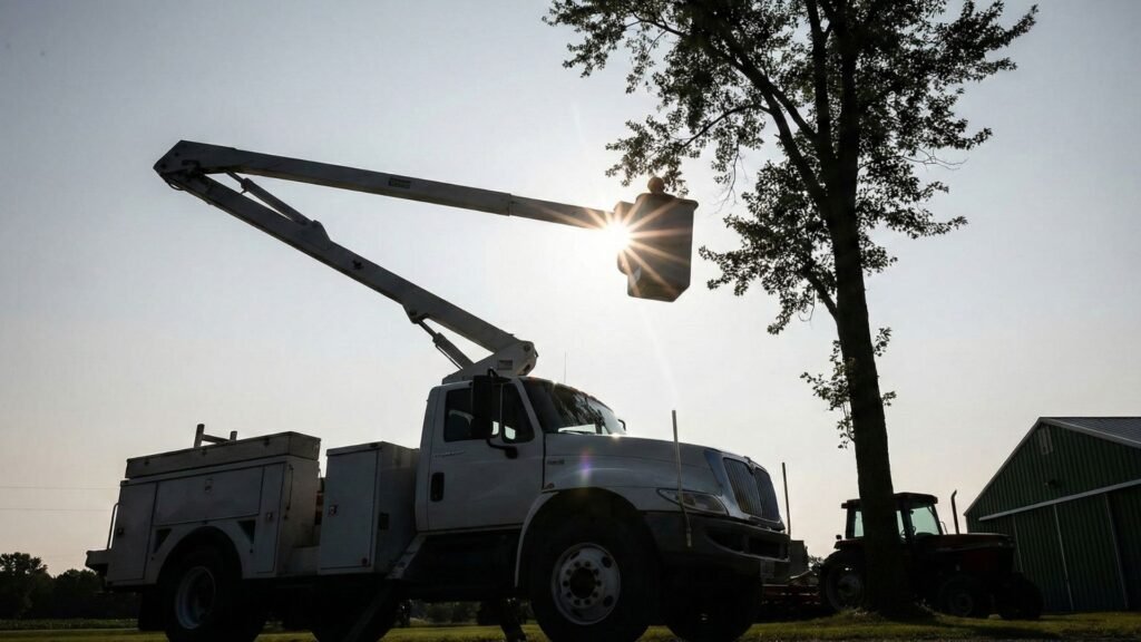 Bucket truck positioned beside a mature tree during residential tree removal work in Roxbury Connecticut
