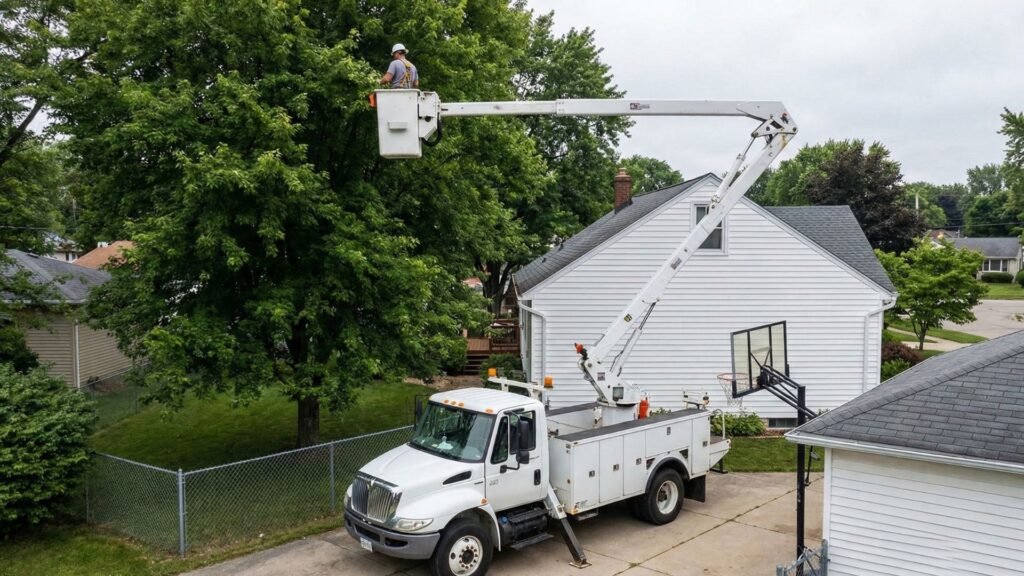 Bucket truck accessing a tall residential tree during removal work in Woodbridge Connecticut